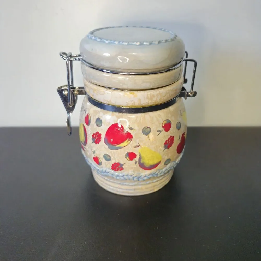 Vintage MSRF Inc Ceramic Fruit Canister Jar Metal Hinged Locking Lid Cottagecore